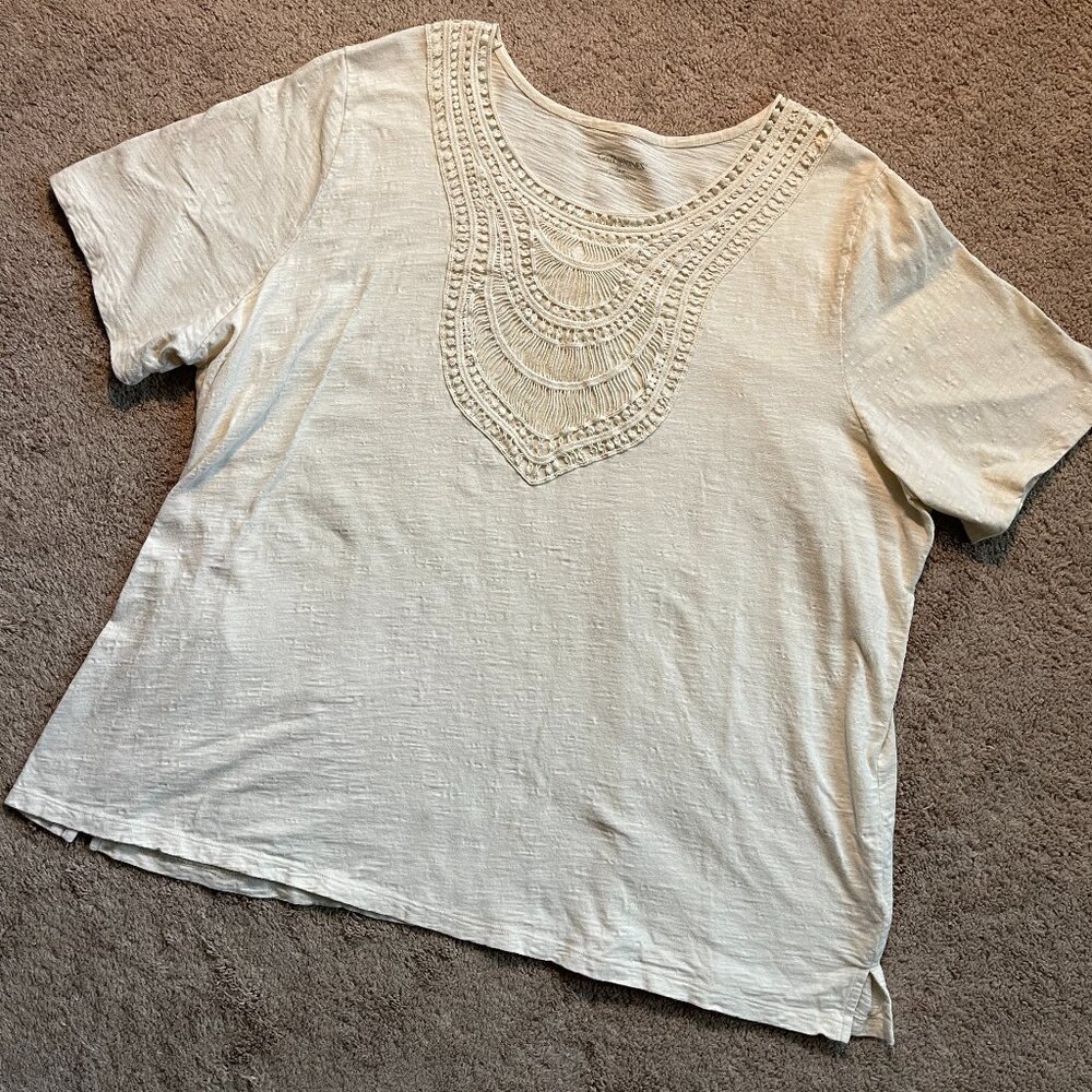 CATHERINES Plus Size 2X Beige Crochet Neck Artsy Lagenlook Bohemian Short Sleeve